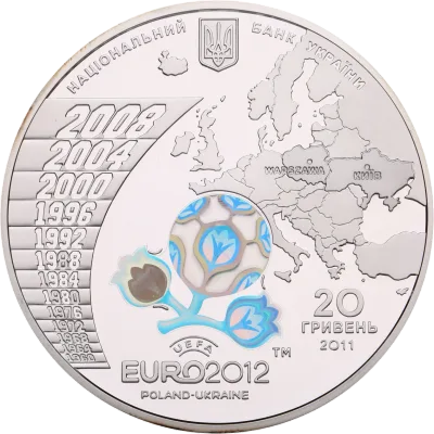 Аверс Срібна монета Фінальний турнір чемпіонату Європи з футболу 2012 р. 20 грн.