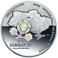 Аверс монети срібла «Срібна монета Фінальний турнір чемпіонату Європи з футболу 2012. Місто Київ», 2011 рік, 10 ₴