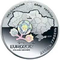 Аверс Срібна монета Фінальний турнір чемпіонату Європи з футболу 2012. Місто Київ 10 грн.